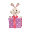 Cartoon trendy style cute laughing bunny mascot with big pink gift box icon. Simple gradient
