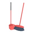 Cartoon trendy style red dustpanwith stick and brushed broom. Cleanup and hygiene vector icon illustration.