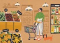 Cartoon trendy woman buyer with dog purchasing at supermarket vector flat illustration. Colorful female customer with