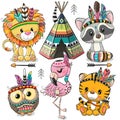 Cartoon tribal animals with feathers isolated on white backround Royalty Free Stock Photo