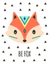 Cartoon tribal cute fox card, vector illustration