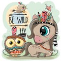 Cartoon tribal Horse and owl with feathers Royalty Free Stock Photo