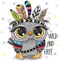 Cartoon tribal Owl with feathers on a white background