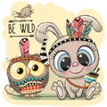 Cartoon tribal Rabbit and owl with feather