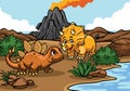 Cartoon of triceratops and stegosaurs in the nature