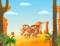 Cartoon triceratops three horned dinosaur with the desert background