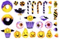 Trick or treat. Halloween illustration set: pumpkin, candy, donut, bat, candy, witch hat, jelly eyes. Isolated icons Royalty Free Stock Photo