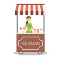 Cartoon trolley with ice cream and caucasian seller female