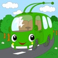 Cartoon trolleybus in the forest road. Vector illustration