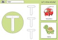 Cartoon trolleybus and turtle. Alphabet tracing worksheet