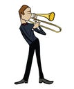 Cartoon trombonist. Musician playing a trombone.