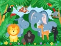 Cartoon tropical animals. Wildlife zoo animal, jaguar parrot in jungle leaf. Cute elephant, monkey in rainforest. Wild