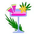 Cartoon tropical cocktail. Pink drink in wineglass