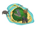 Cartoon tropical island in ocean with exotic animals vector illustration. Top view island sprite. Koala, king cobra