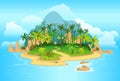 Cartoon tropical island with palm trees. mountains, blue ocean, flowers and vines. Vector illustration Royalty Free Stock Photo