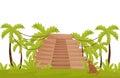 Tropical landscape with ancient pyramid, monkey and palm trees. Wild jungles. Natural scenery. Flat vector design