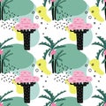 Cartoon tropical palm tree seamless pattern. Hand drawn summer stylized plant, colorful jungle decor textile, wrapping paper