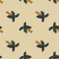 Cartoon tropical seamless pattern with navy blue and brown colored palm tree shapes. Pastel background