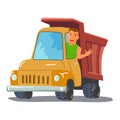 Cartoon Truck Driver Character Waving From Truck. Vector