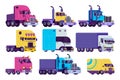 Cartoon truck vector illustration set, flat semi autotruck, van, lorry and heavy vehicle for delivery icons isolated on Royalty Free Stock Photo