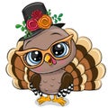 Cartoon turkey bird with glasses and flowers