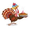 Cartoon turkey character with a pie. Thanksgiving clipart.