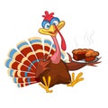 Cartoon turkey character with a pie. Thanksgiving clipart. Royalty Free Stock Photo