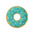 Cartoon turquoise color tasty donut isolated on white background. Glazed doughnut top view for cake cafe decoration or