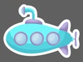 Cartoon turquoise submarine with periscope for design of notebook, cards, invitation. Cute sticker template decorated with cartoon