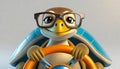 A cartoon turtle with glasses behind a steering wheel - Seniors behind the wheel concept