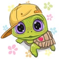 Cartoon turtle in a cap on the flowers background