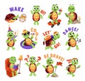 Cartoon turtle. Cute funny animals characters, smiling little turtle in different poses, actions and emotions, comic