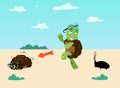 Cartoon turtle. Cute green child tortoise. Frightened animal hides in shell. Marine animal at beach. Logic process