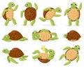 Cartoon turtle. Cute sea tortoise swimming, dancing and sleeping, little aquatic reptiles cartoon vector illustration