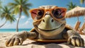 design turtle comedian poster holiday sunglasses character leaves ocean