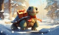 Cartoon turtle hurries through the winter forest.