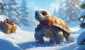 Cartoon turtle hurries through the winter forest.