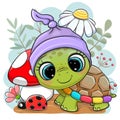 Cartoon Turtle with mushroom on the meadow Royalty Free Stock Photo