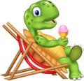 Cartoon turtle sitting on beach chair and holding an ice cream