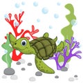 Cartoon turtle underwater with corals plants and bubbles Royalty Free Stock Photo