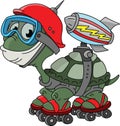 Cartoon turtle wearing a red helmet, scuba mask and a rocket skating vector illustration