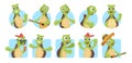 Cartoon turtles avatars. Greetings animal, turtle say hello. Cute portfolio image, funny kids vector stickers set