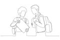 Cartoon of two asian school boys enjoying their free time. One line style art