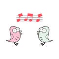 Cartoon two birds singing with music notes