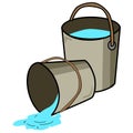 Cartoon two buckets that fell and splashed out of them water, cartoon illustration, isolated object on white background,