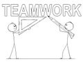 Cartoon of Two Businessmen Holding Pencil and Triangle Ruler and Writing Teamwork Text Royalty Free Stock Photo