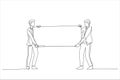 Cartoon of two casual business men carrying a blank panel. Continuous line art style Royalty Free Stock Photo