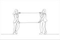 Cartoon of two casual business women carrying a blank panel. Continuous line art style Royalty Free Stock Photo