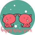 Beautiful cartoon illustration for christmas card of two cute pink cats and snow flakes in blue circles as background.cdr