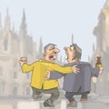 Cartoon two drunken singing men walking around the city